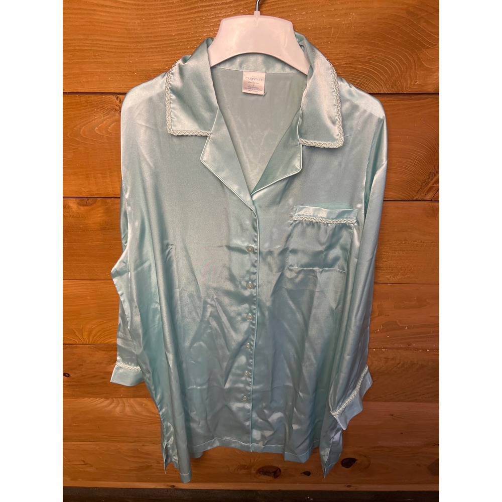 Cabernet Sleepwear Women's L Light Blue Silky‎ Button Up Pajama Shirt Top LS
